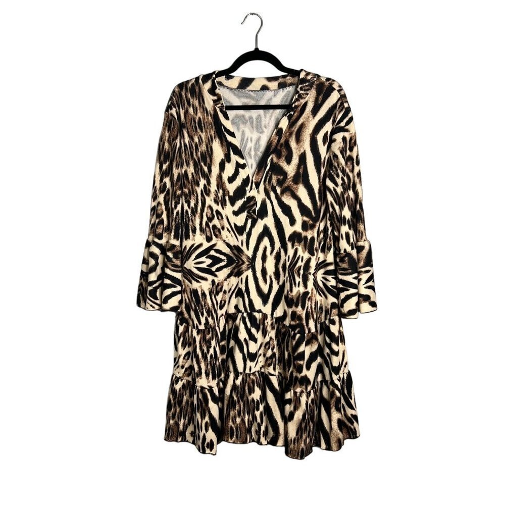 V-Neck Animal Print Mini‎ Dress Bell Sleeve Tiered Flowy Relaxed Casual XL